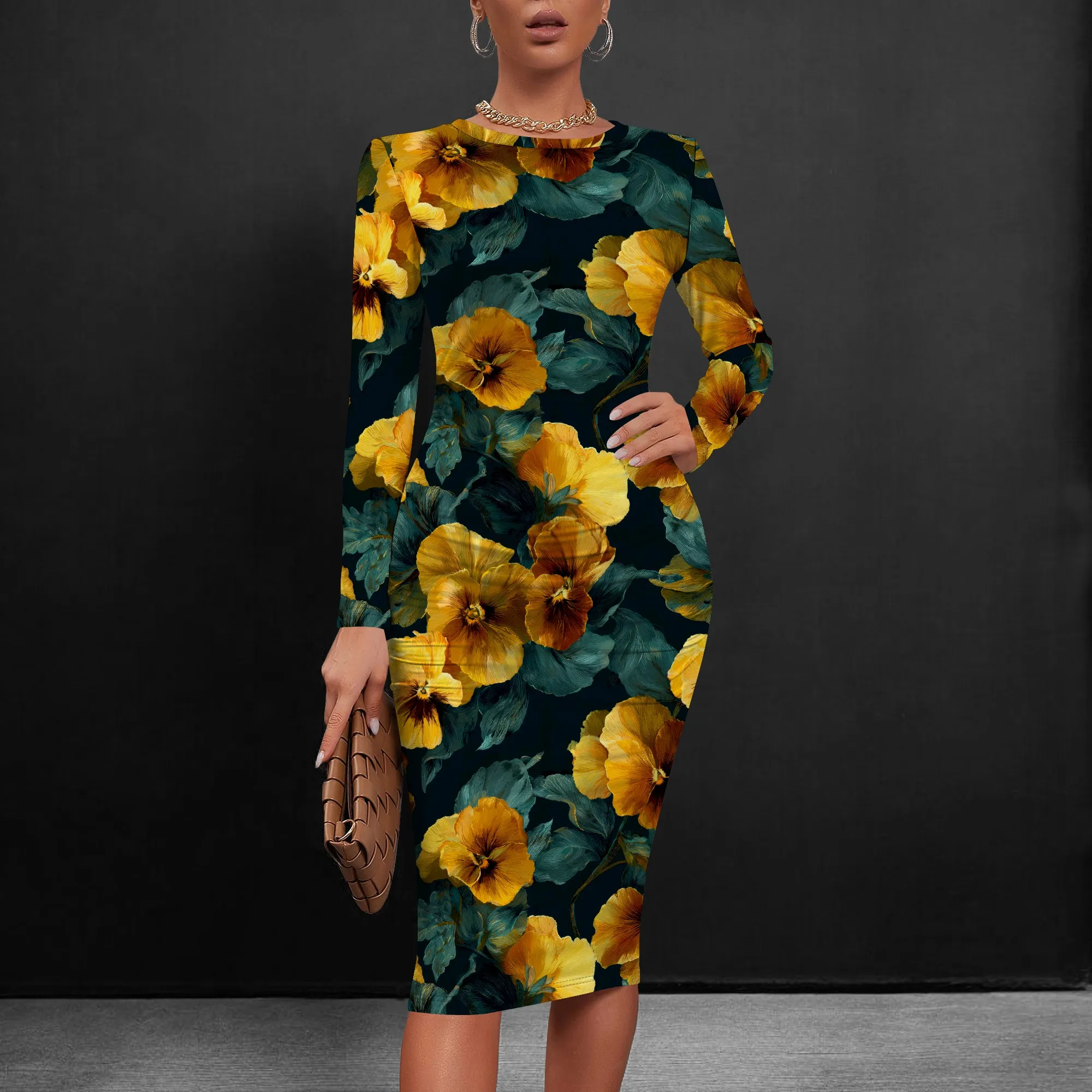 

Nupusa Black Yellow Floral Print Dress for Women Regular Size Casual Round Neck Long Sleeve Bodycon Midi Dress
