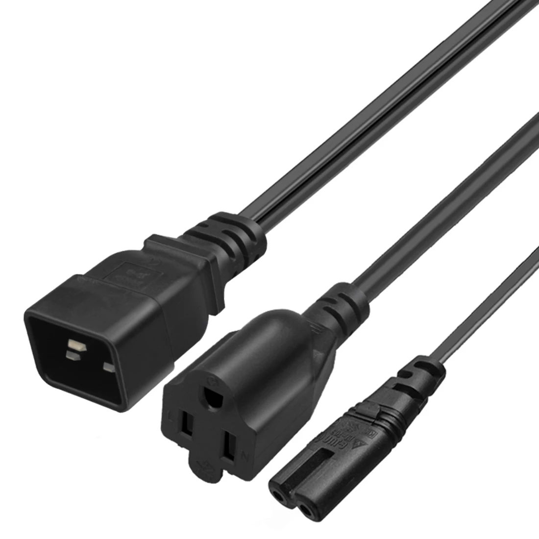 JORINDO IEC320 C20 to C7+Nema 5-15R 1 in 2 out AC power cord,16A C20 to Figure 8 shape+American standard 3 holes female socket