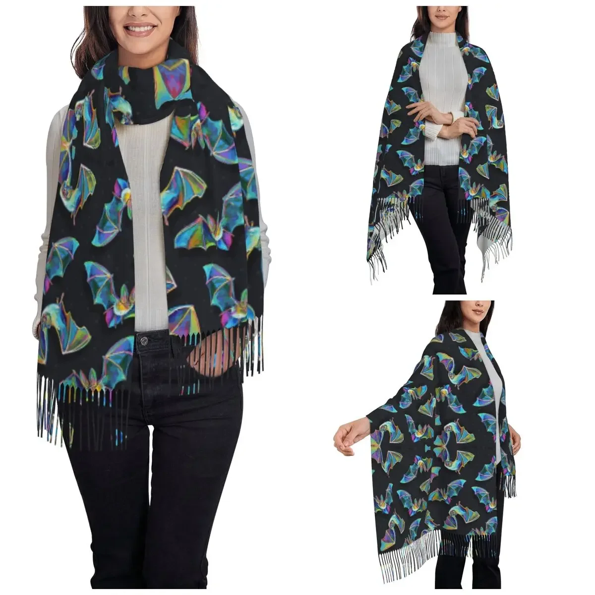 Womens Tassel Scarf Psychedelic Bat Pattern Large Winter Warm Shawl and Wrap Trippy Hippie Daily Wear Cashmere Scarf