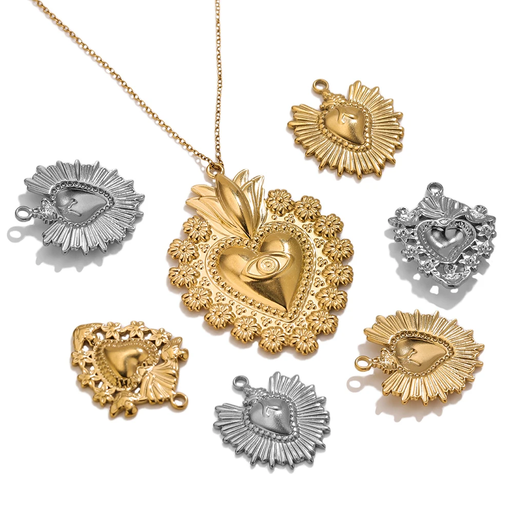 

5PCS Sacred Heart Charms Embroidered Religious Heart Pendants 18K Gold Stainless Steel for DIY Necklace Jewelry Making Wholesale