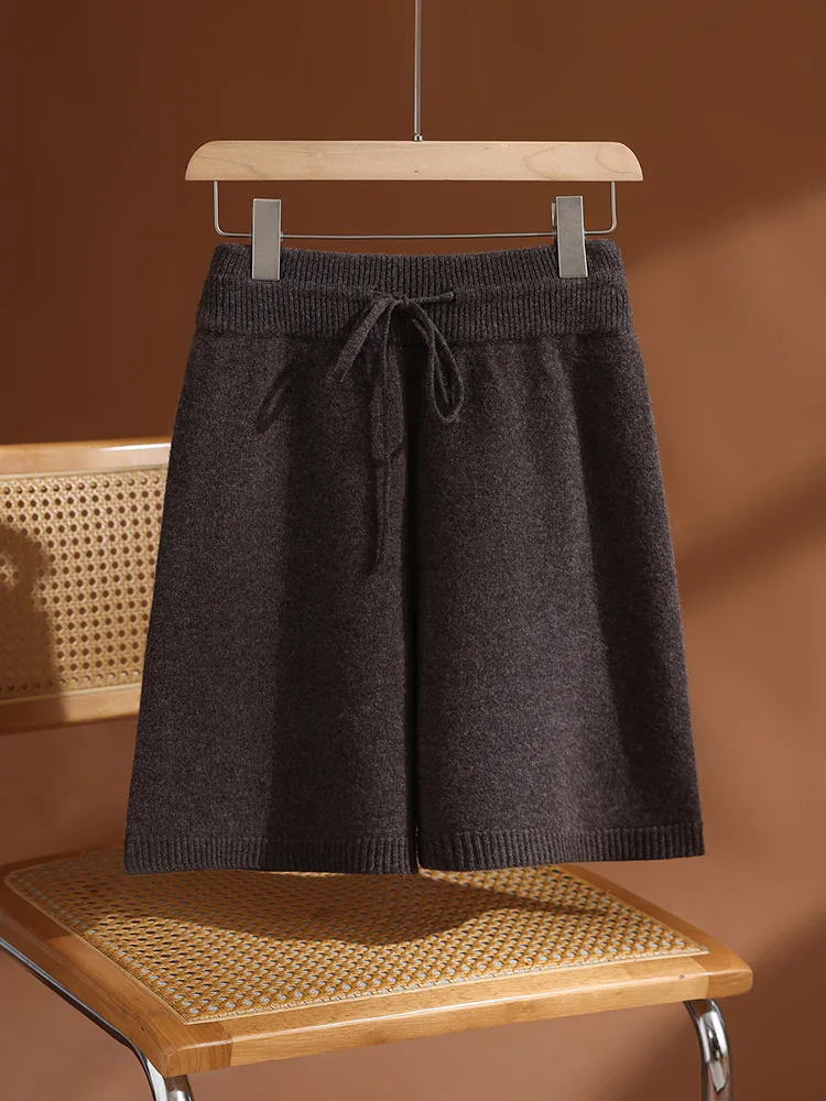 กางเกงขาสั้นผู้หญิง TLOML ผ้าขนแกะเมอริโนแท้ 100% สำหรับฤดูใบไม้ร่วงและฤดูหนาว เนื้อนุ่ม อุ่นสบาย สไตล์ลำลอง คุณภาพสูง แฟชั่นแคชเมียร์ มีเชือกผูก