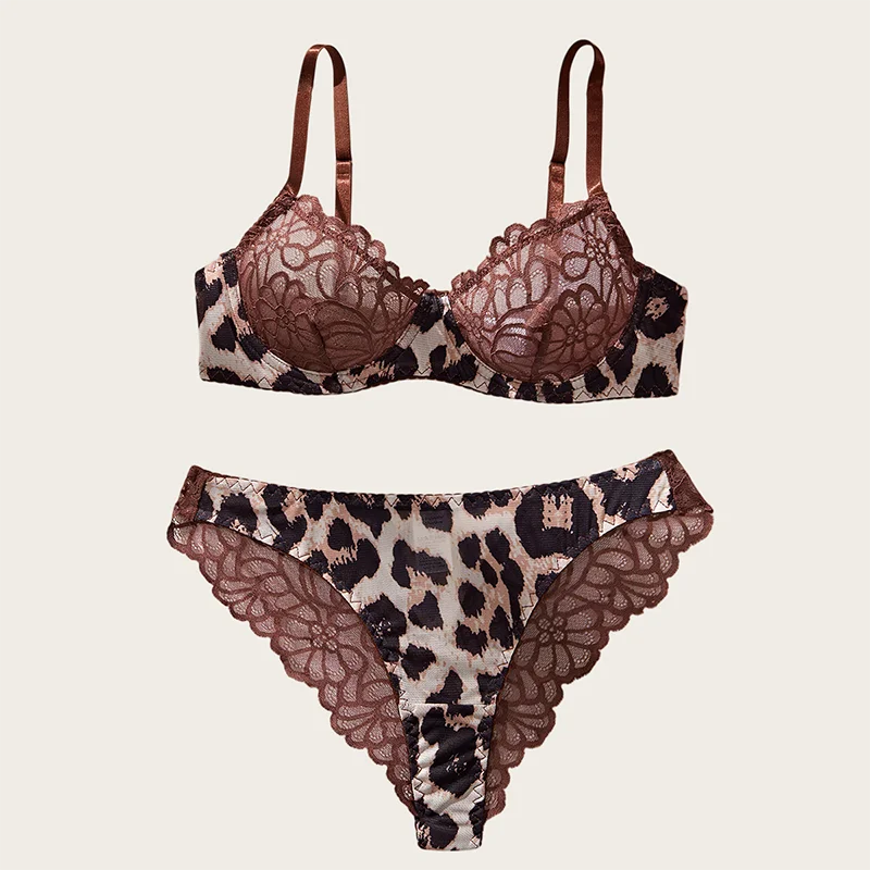 

Sexy Lingerie for Woman Dark Brown Leopard Splicing Lace Underwear Hollow Spicy Girl Lingerie Set Ultra Thin Three-Point Bra Set
