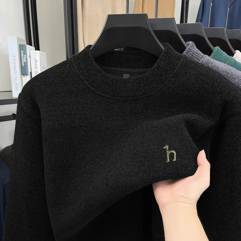 

Hot Sales High Quality Men's O-Neck Knitwear Winter New Arrival Dog Print Fleece-Lined Thicken Warm Versatile Commuter Menswear