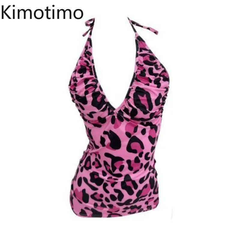 Kimotimo Y2k Street Pink Leopard Print V Neck Halter Camisole Women Sexy Backless Slim Fit Waist Tank Top Spicy Girls Chic Vest