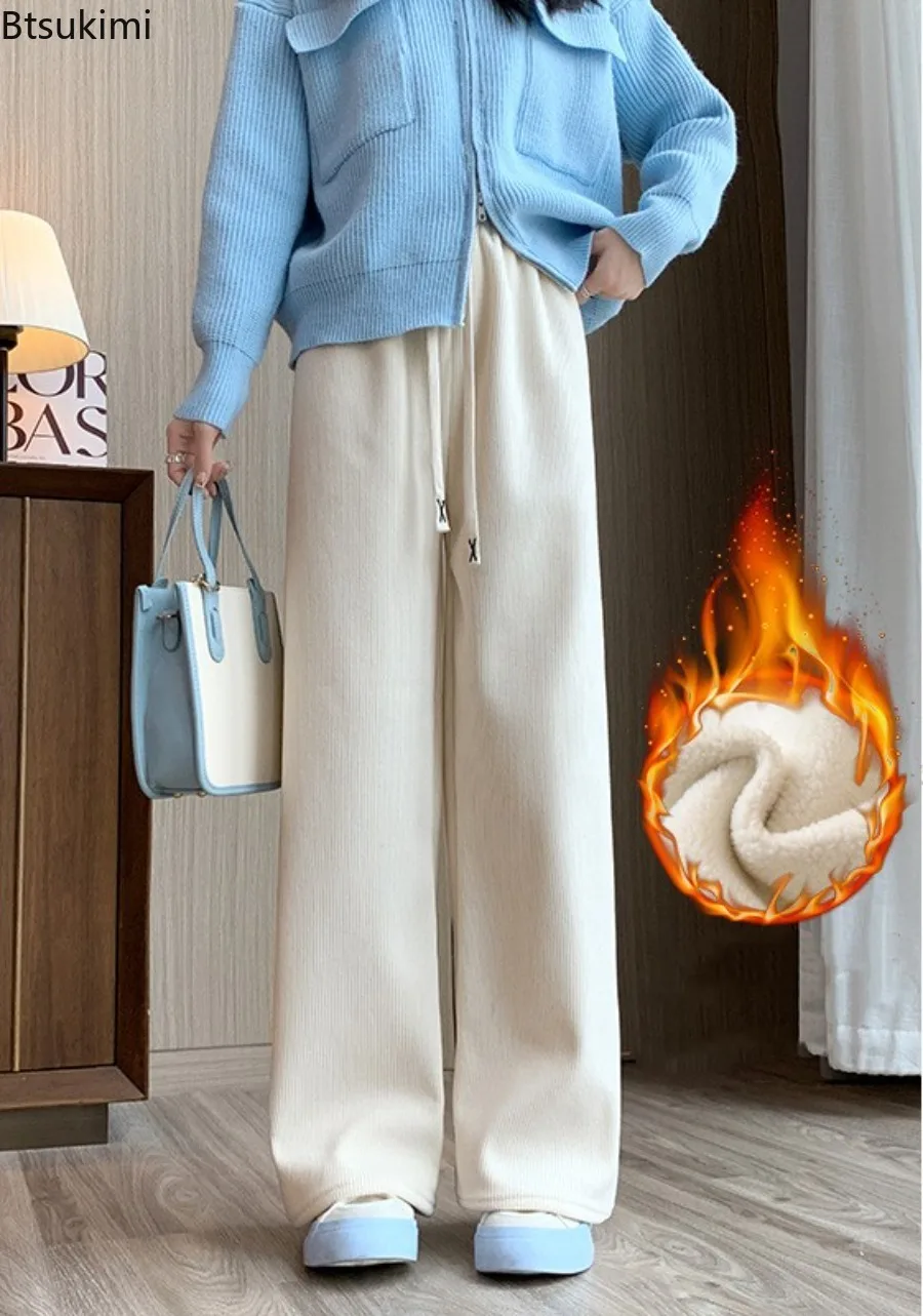 

Winter Women Fleece Wide Leg Long Pants Thicken Warm Winter Stright Long Elastic Waist Trousers Casual Loose Female Botton Pants