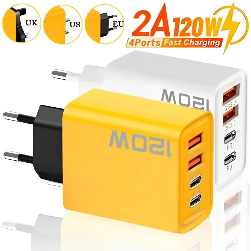 

120W Quick Charge USB C Charger 4 Ports Fast Charging Charger Phone Adapter for iPhone Samsung Xiaomi Pocof7 Travel Wall Charger