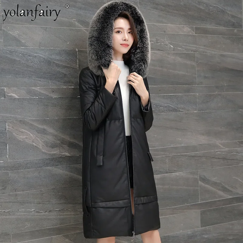 YOLANFAIRY 정품 가죽 다운 코트 여성용 긴 여우 모피 칼라 코트 의류 여성 겨울 양피 자켓 슬림 의류