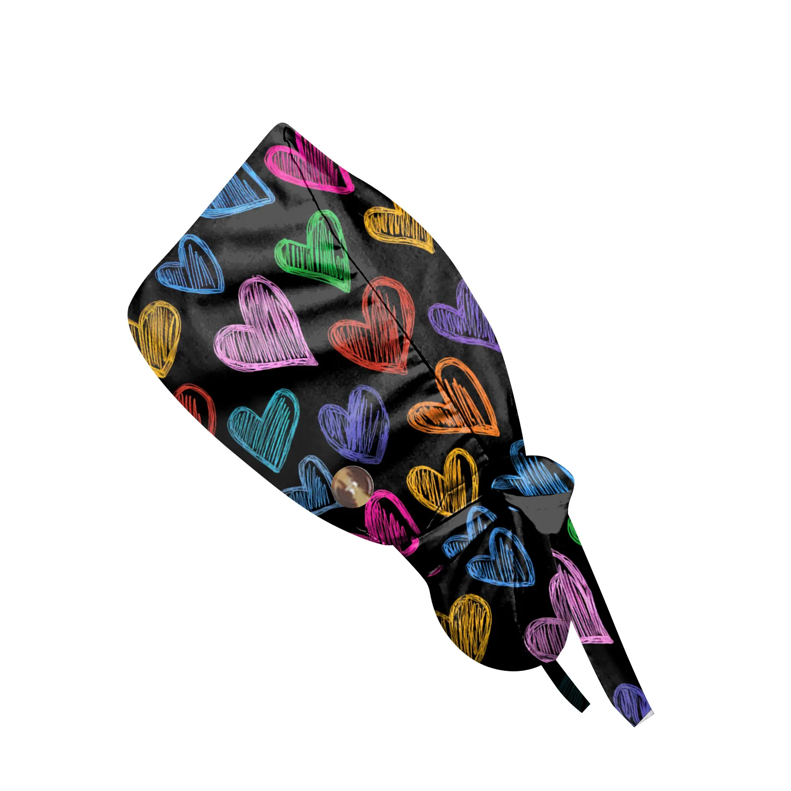 หมวกกันฝุ่นสำหรับผ่าตัดแบบมีกระดุม ลายหัวใจทันสมัย หมวกทำงานลำลองสำหรับผู้หญิง หมวกรวบผมแบบปรับได้ หมวกพยาบาล