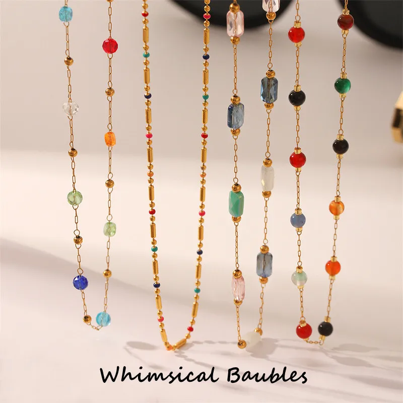 

Stainless Steel Colorful Enamel Ball Bead Chain Necklace Baguette Multicolor Crystal Natural Stone Beaded Bohemia Necklace