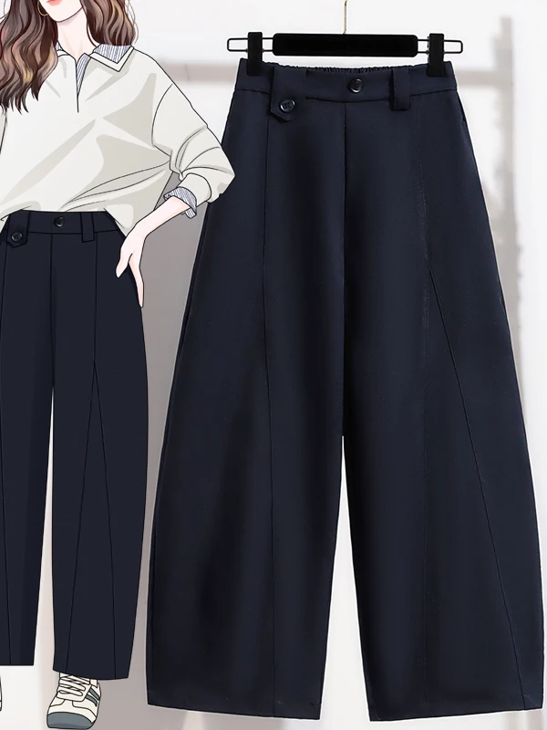 Authentic Autumn Style High Waist Wide Leg Pants Casual Bend Knife Pants Belly Covering Women's plus Size Straight Long Trousers