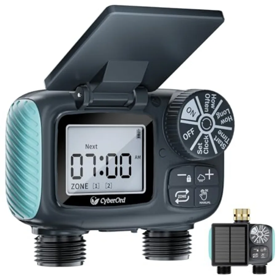

2 Zone Solar Water Timer Hose Timer with Solar Charging Sprinkler Timers for Garden Hose with Auto/Manual/Rain Delay Modes Digi