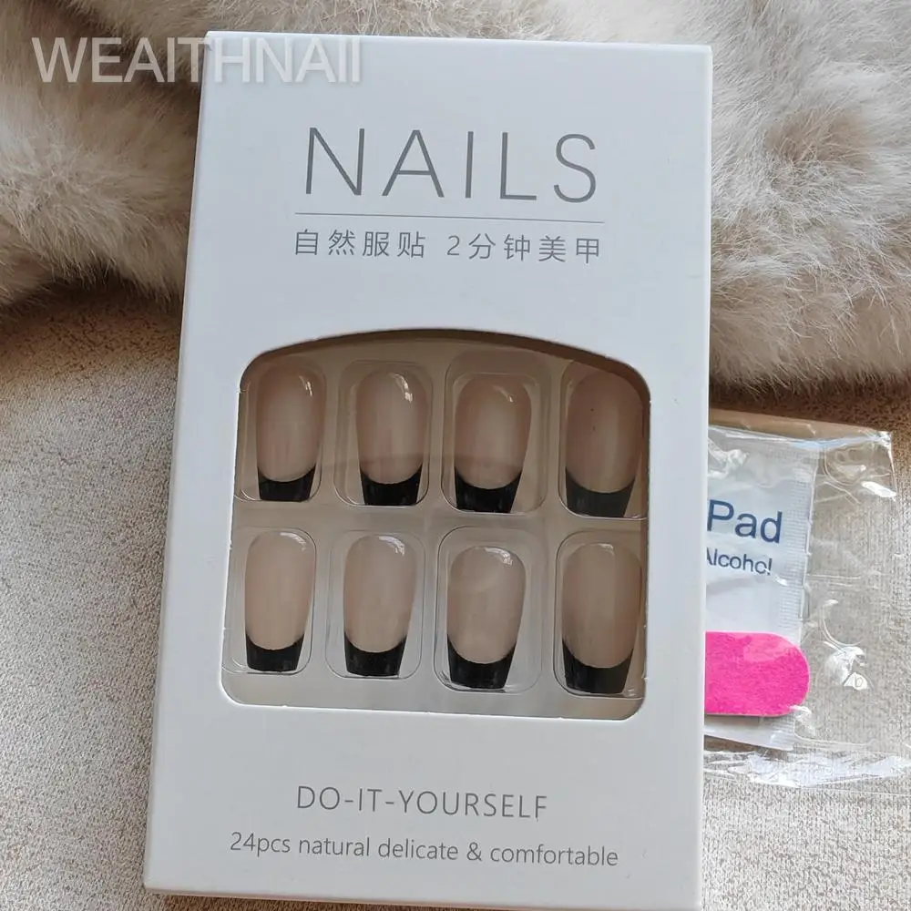 24PCS Acrylic Nail Long French Pressed Powder Full Set Square Spicy Girl Fashion Leopard Pattern Fake Nail Diamond Wearing Nail