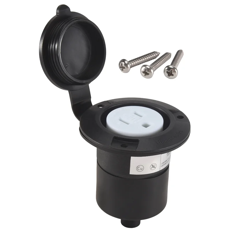 B-Est 15 Amp Flanged Shore Power Outlet 125 Volt NEMA 5-15R Receptacle, 2 Pole 3 Wire Socket For Straight Blade US Plug