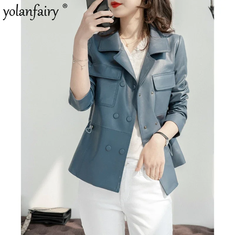 YOLANFAIRY Spring Genuine Leather Jackets Women Short Waist Drawstring Natural Sheepskin Women's Leather Jacket Suit Collar Coat