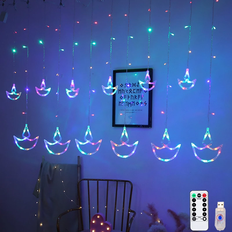 

Гирлянда Diwali, USB-разъем, занавеска Diya, праздничная лампа для стены, окна, спальни, декор для дома и улицы, Ид аль-Фитр мусульмани