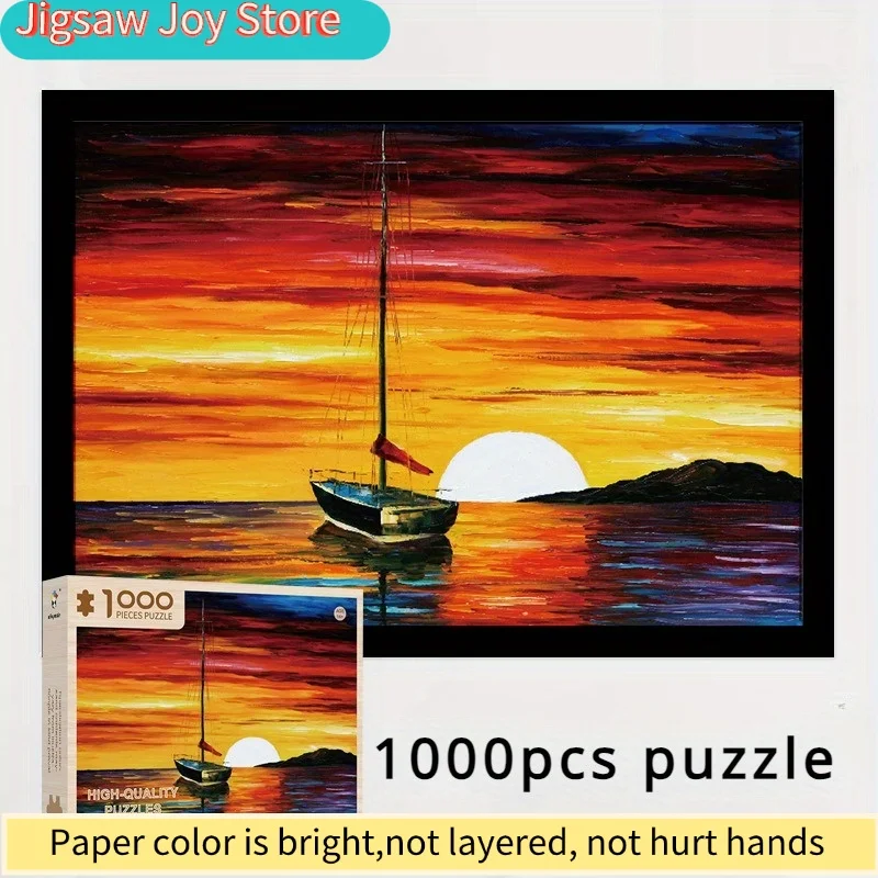 Adult 1000 Pieces Wooden Puzzle Sunset and Boat Jigsaw Famous Oil Painting Home Decor Christmas Birthday Gifts Leisure Toys