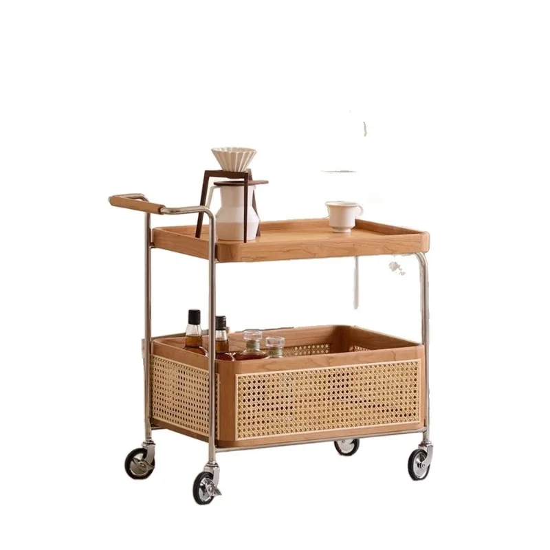 Solid wood mobile pulley edge few stainless steel storage medieval trolley