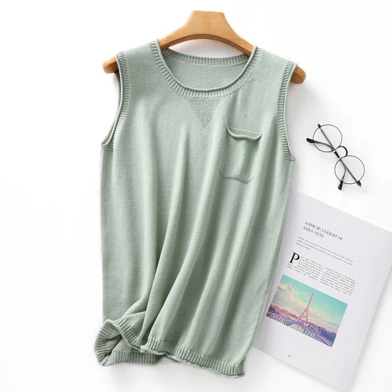 WinvyNee Summer Women 100% Cotton T-shirts Vest O Neck Tops with Pocket Clothes Solid Casual Tank Cute Top Pullover C1092003