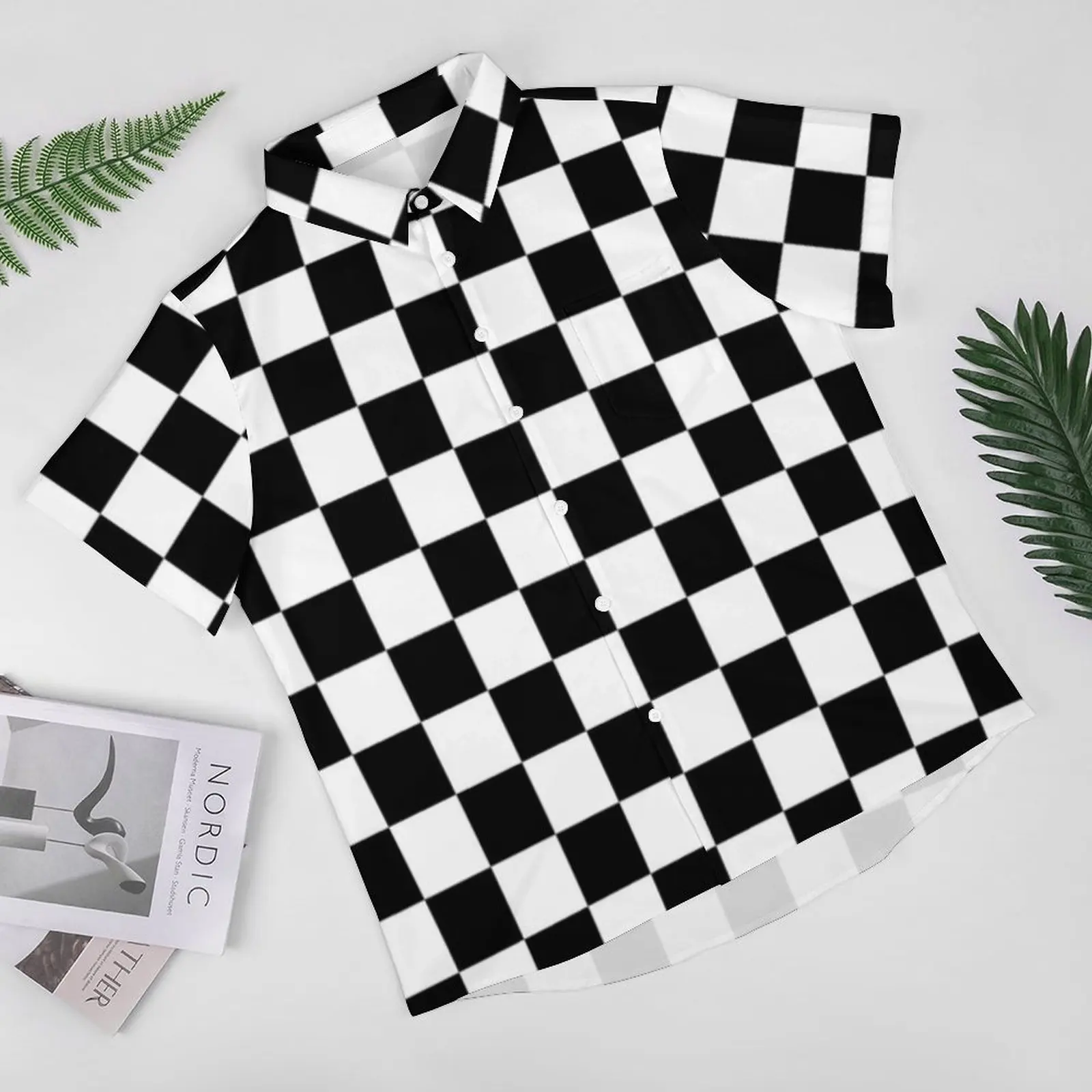 Black Checkerboard Casual Shirts Classic Black White Checker Beach Shirt Hawaiian Y2K Blouses Man Print Clothing Plus Size 4XL