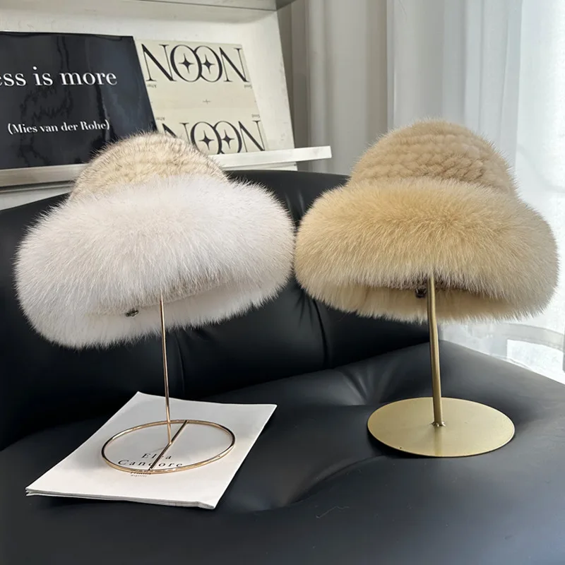 

Real Mink Fur Hat For Women Winter Fashion Fisherman Hat Natural Mink Fur Hat With Fox Fur Beanies Russians Knitted Bomber Hat