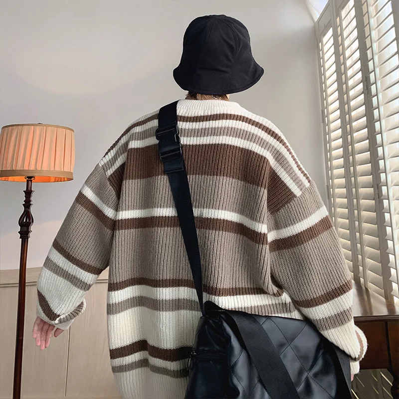 Spring Knitted Sweater Neutral Style Crewneck Jacket Autumn Striped Contrast Sweater Boys Trendy Casual Retro Couple