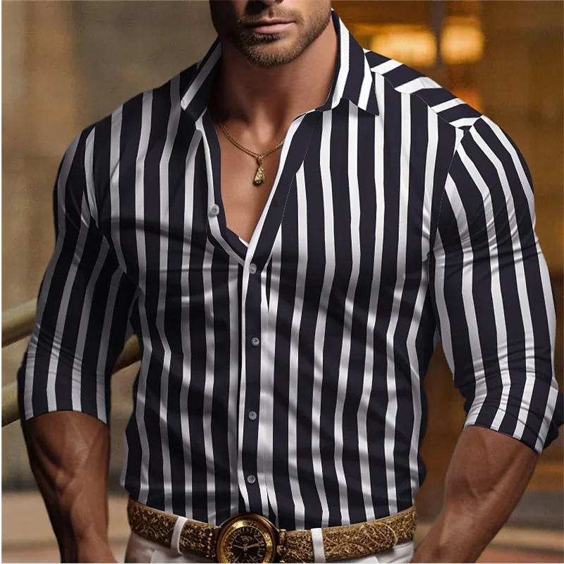 2024 Men\'s Shirt Black and White Ruby Color Long Sleeve Striped Lapel Spring and Autumn Office Professional Large Size Shirt 6XL