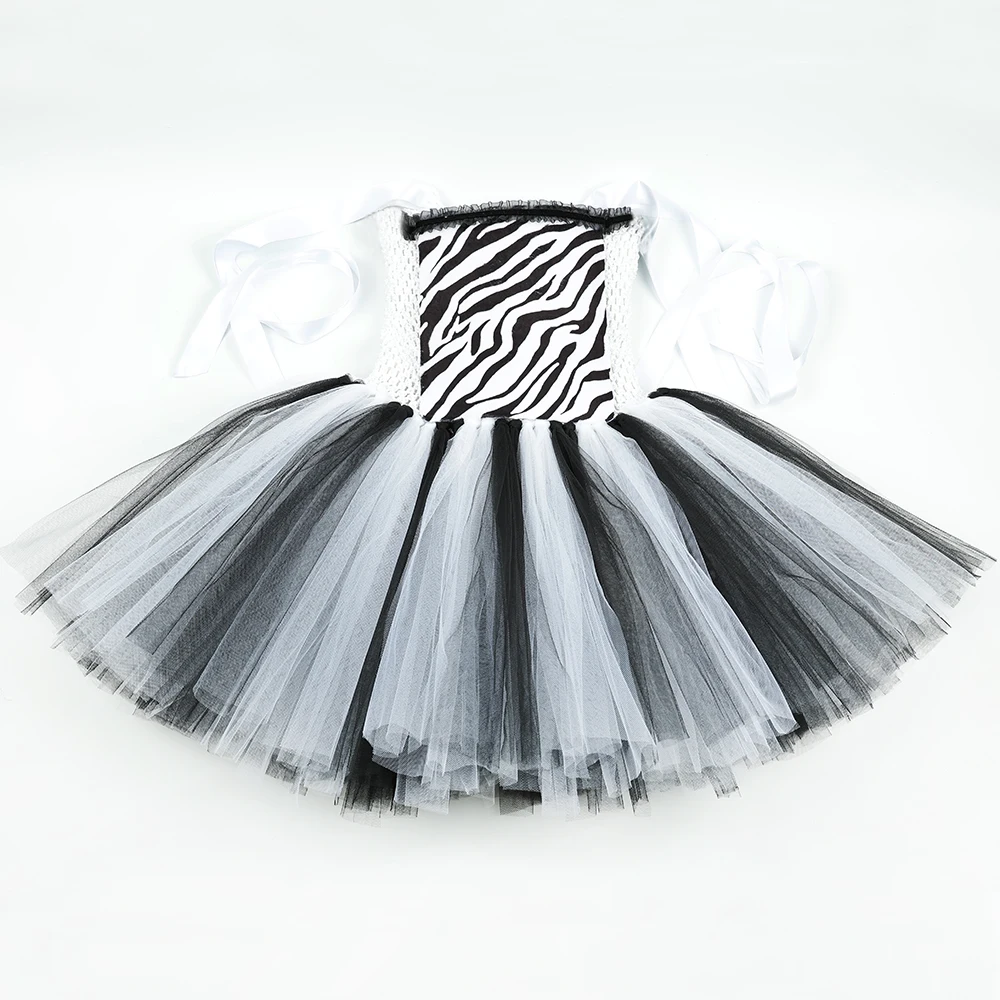 Zebra Costume for Kids Halloween Dress Up Outfits Black White Striped Animal Theme Birthday Party Tutu Dress Girls Fancy Clothes