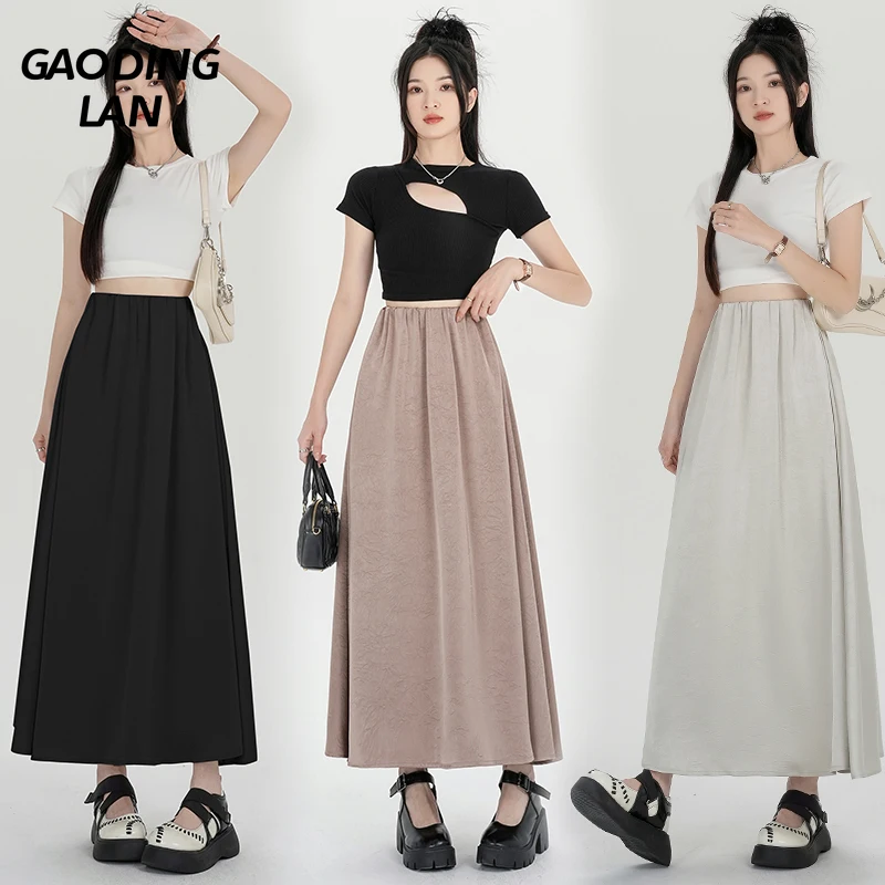 

GAODINGLAN Summer Luxury Satin Pattern Women Long Skirt Solid Color Temperament A Line Skirt Elastic High Waist Skirt Korean