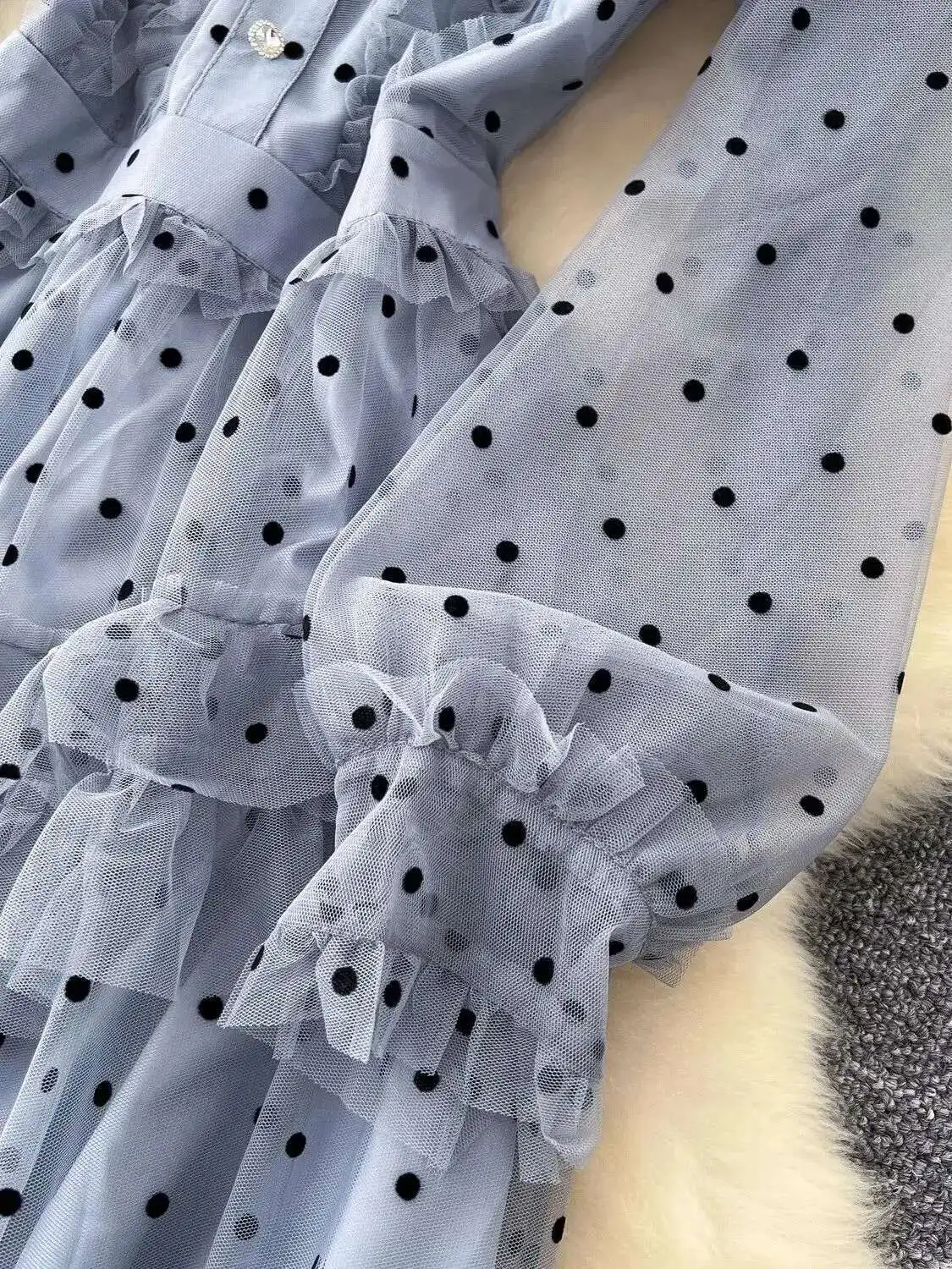 Summer Polka Dot Embroidery Tulle Lace Ruffle Cake Dress Women\'s Autumn Crystal Long Sleeve Party Evening Vestido Midi Robe Grey
