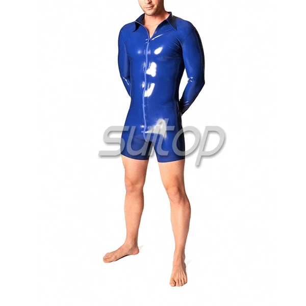 

Men 's Rubber latex leotard playsuits in blue with front zip