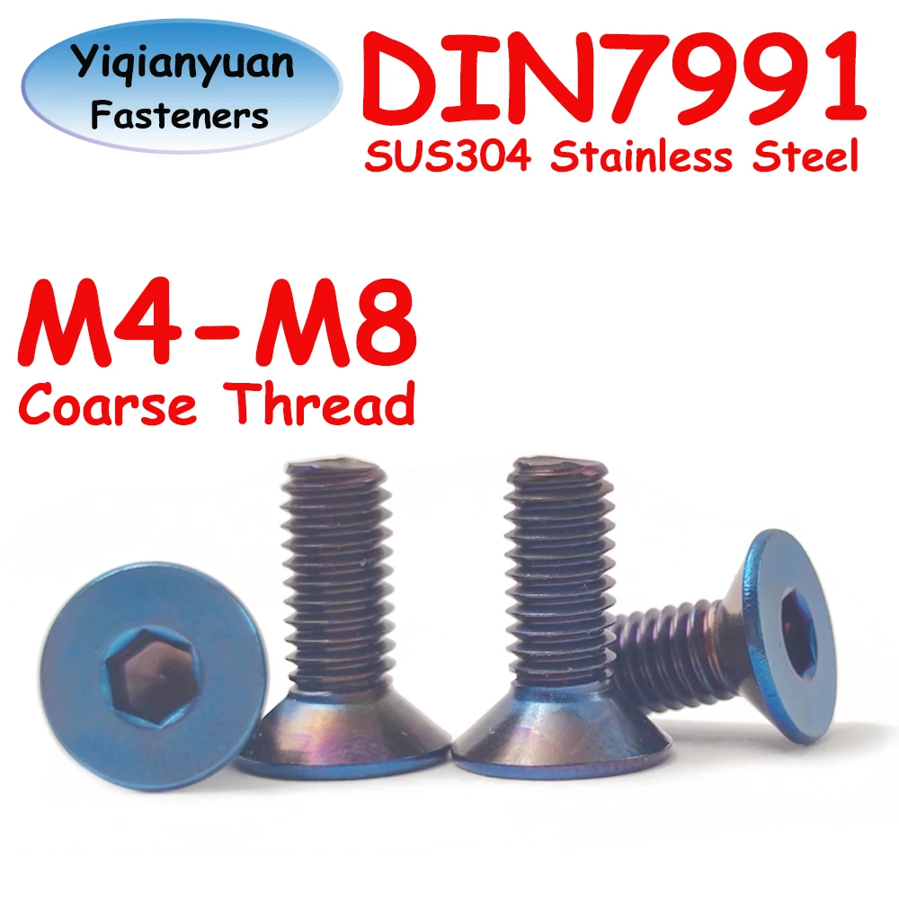 Yiqianyuan DIN7991 M4 M5 M6 M8 SUS304 Stainless Steel with Burning Blue Coated Flat Hex Socket Countersunk Head Key Screw