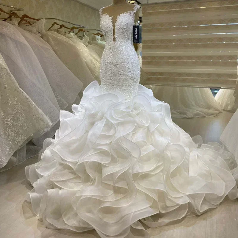 Maßgeschneiderte, wunderschöne Brautkleider im Meerjungfrauenstil mit Spitzenapplikationen, echte Fotos, Vestido De Novia, Organza, kaskadierende Rüschen, Brautkleider