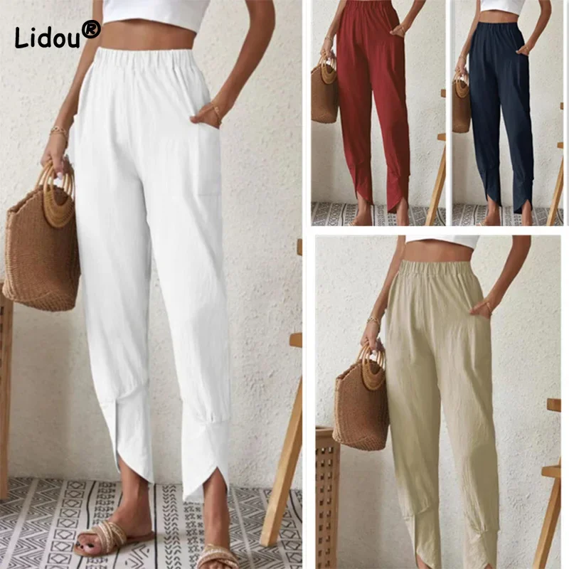 

Spring Autumn New Harajuku Pockets Solid Color Bundle Feet Pants Cotton Linen Casual Elastic Loose Little Feet Trousers Women