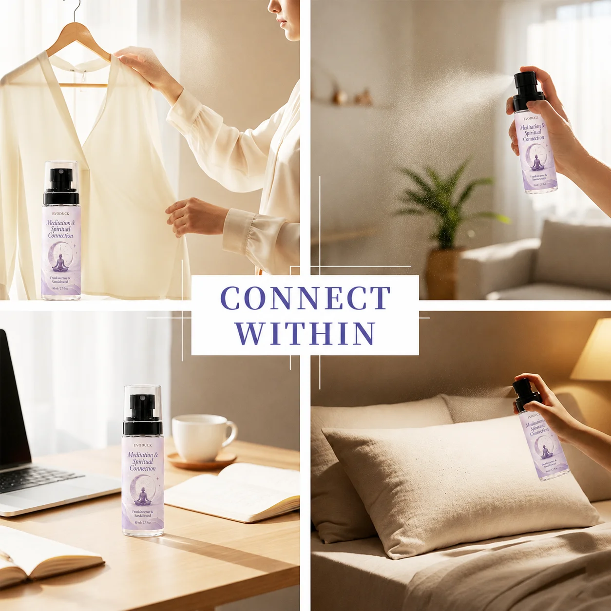 EVODUCK Meditation & Spiritual Connection Aura & Room Spray 3PCS Set, 3 x 80ml Frankincense & Sandalwood Fine Mist Fragrance, Warm Resin Woody Home Fragrance for Meditation, Bedroom, Sacred Space, Spiritual Ritual, Gift for Women, Friends & Daily Use view 7
