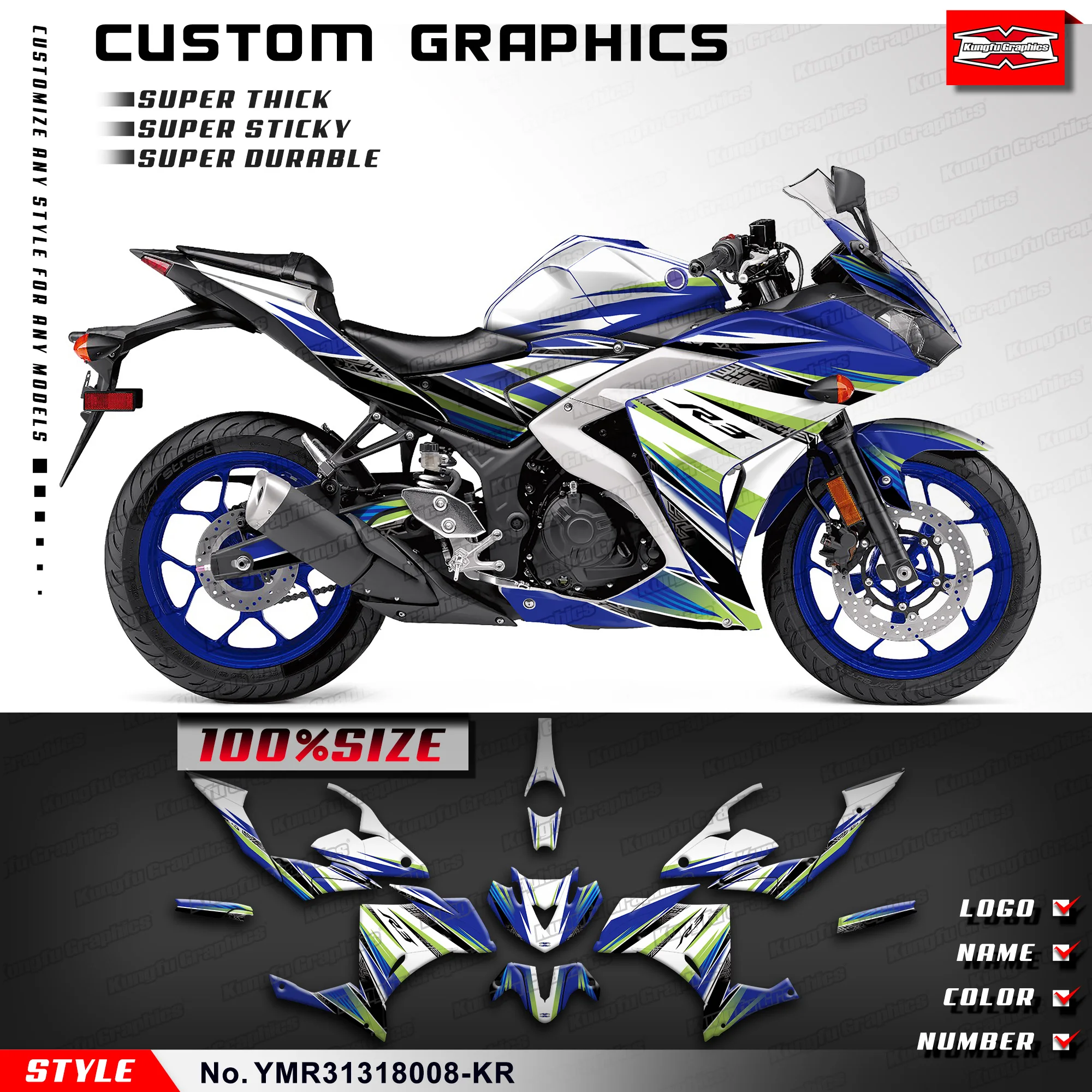 

KUNGFU GRAPHICS Sportbike Sticker Wrap Kit Vinyl Decal for Yamaha YZF-R3 YZF R3 2013 2014 2015 2016 2017 2018, YMR31318008-KR