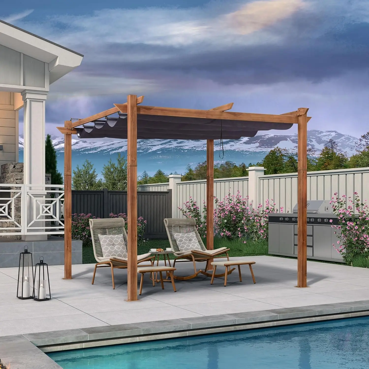 

10' x 10' Outdoor Retractable Pergola with Sun Shade Canopy Metal Shelter for Patio Garden Pavilion Natural Wood