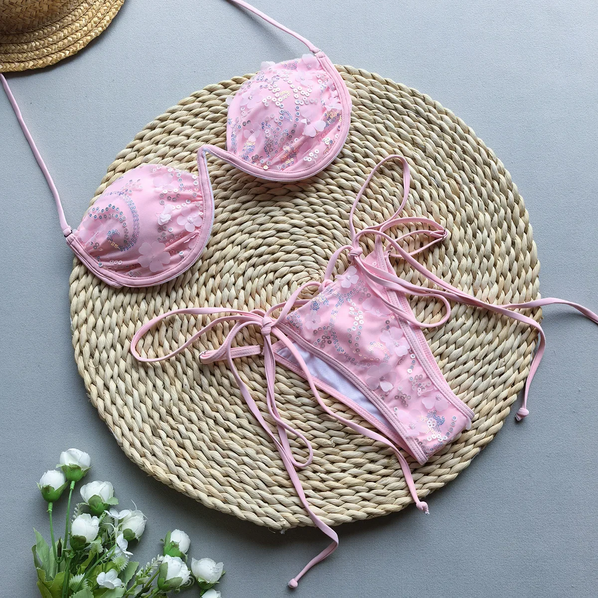 

Women's Sexy Shiny Flower Embroidery Bikini Set - Micro Push-Up Thong Design Bathing Suit String Swimsuit for 2025