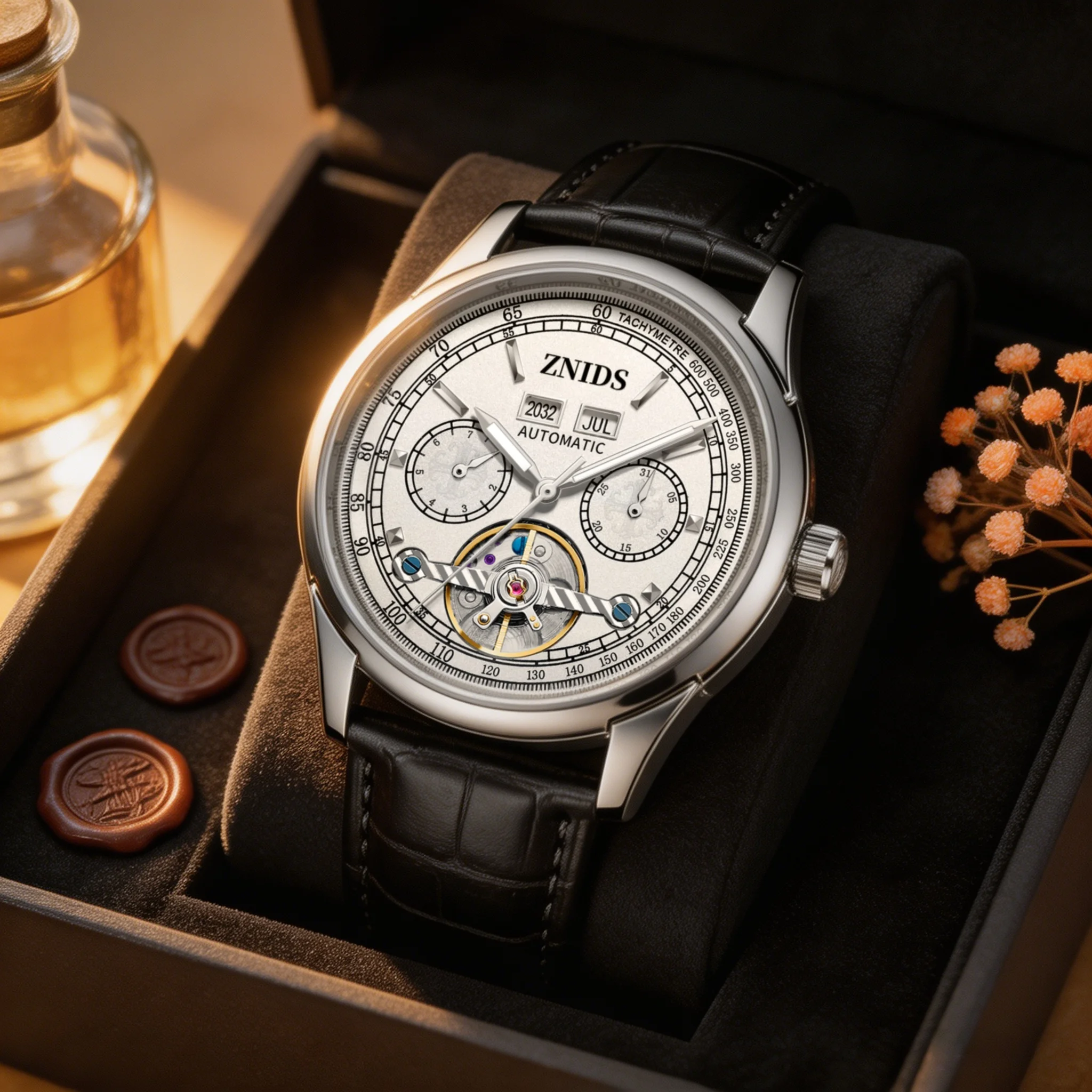 Luxurious Retro Men's Automatic Mechanical Watch, Round Case, Skeleton Design, Leather Strap, Tourbillon Structure Skeleton Dial, Multi-Functional Date and Month Display, Versatile and Stylish Men's Watch Suitable for Business Casual Wear and Party Occasions