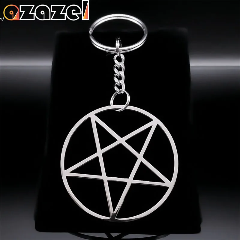 Inverted Pentagram Pendant Satan Keychain for Women Men Stainless Steel Silver Color Satan Key Ring Holder Jewelry K3673S08