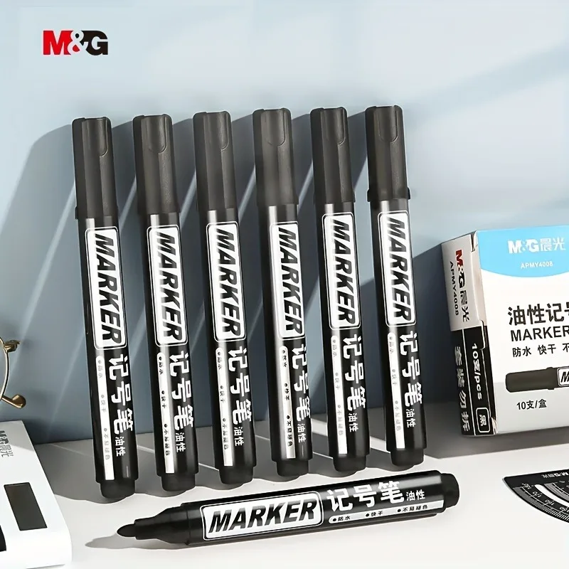 

M & G 10 шт. черные маркеры с широкими наконечниками, перманентные маркеры на масляной основе для офисной логистики, большой наконечник с пулей