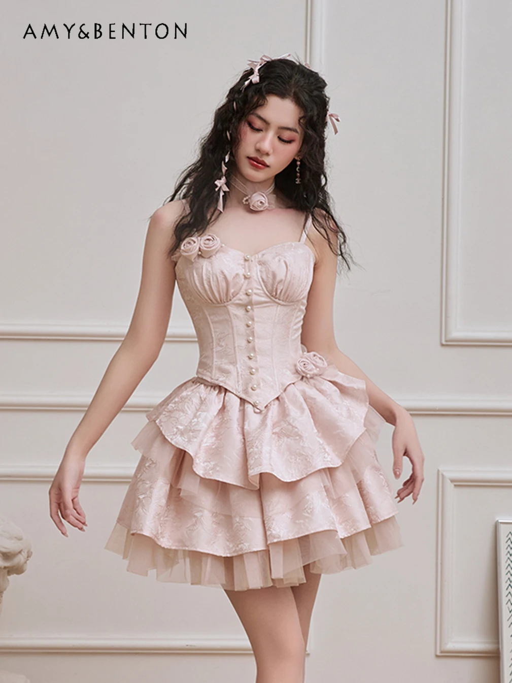 French Elegant Dream Ballet Lolita Skirt Set Sweet Tridimensional Flower Bandeau Sling Top Multi-Layer Mini Skirt Two-Piece Sets