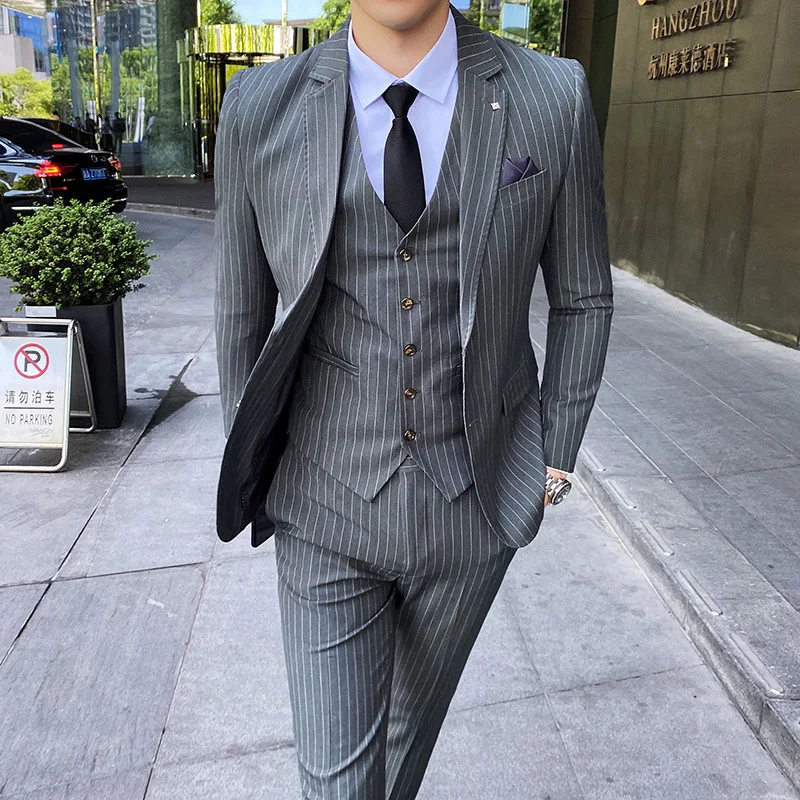 (Jackets+Vest+Pants) 2022 Men\'s Three-piece Suit/Male Slim Fit Cotton High Quality Business Blazers/Man Stripe Groom Dress S-5XL