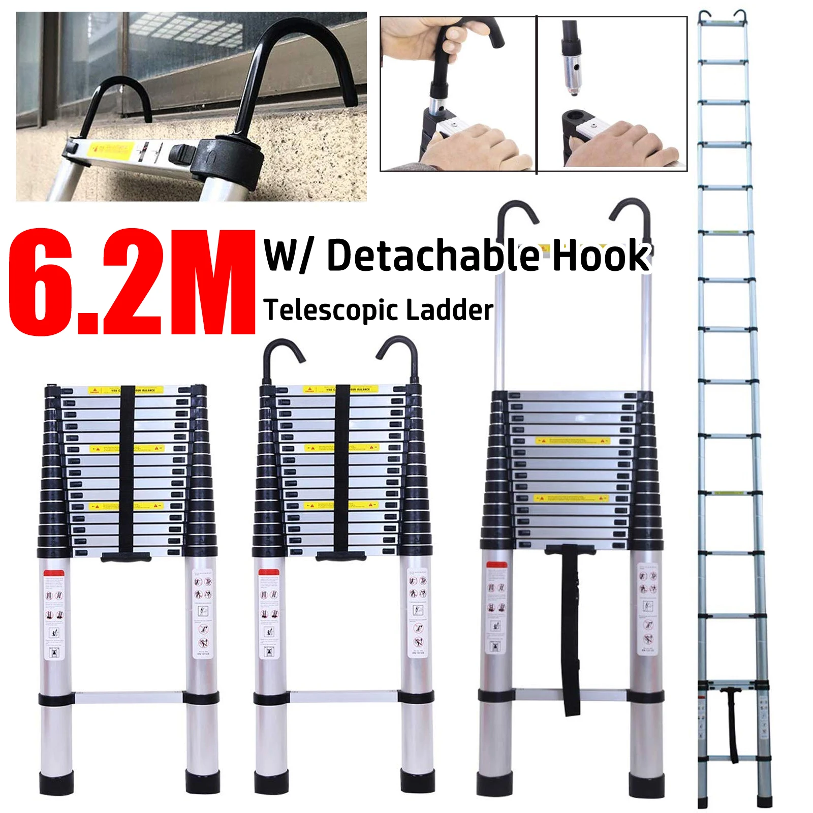 Échelle télescopique de 6,2 m avec crochets, échelle télescopique pliante en aluminium de 20,3 pieds, échelle pliable, échelle extensible, échelle de grenier