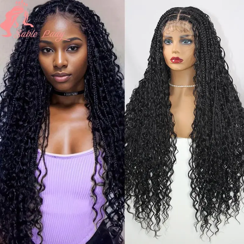 

Synthetic 32 Inches Long Boho Braided Wigs Full Lace Knotless Box Braiding Wig with Curly Transparent Lace Frontal Braids Wig