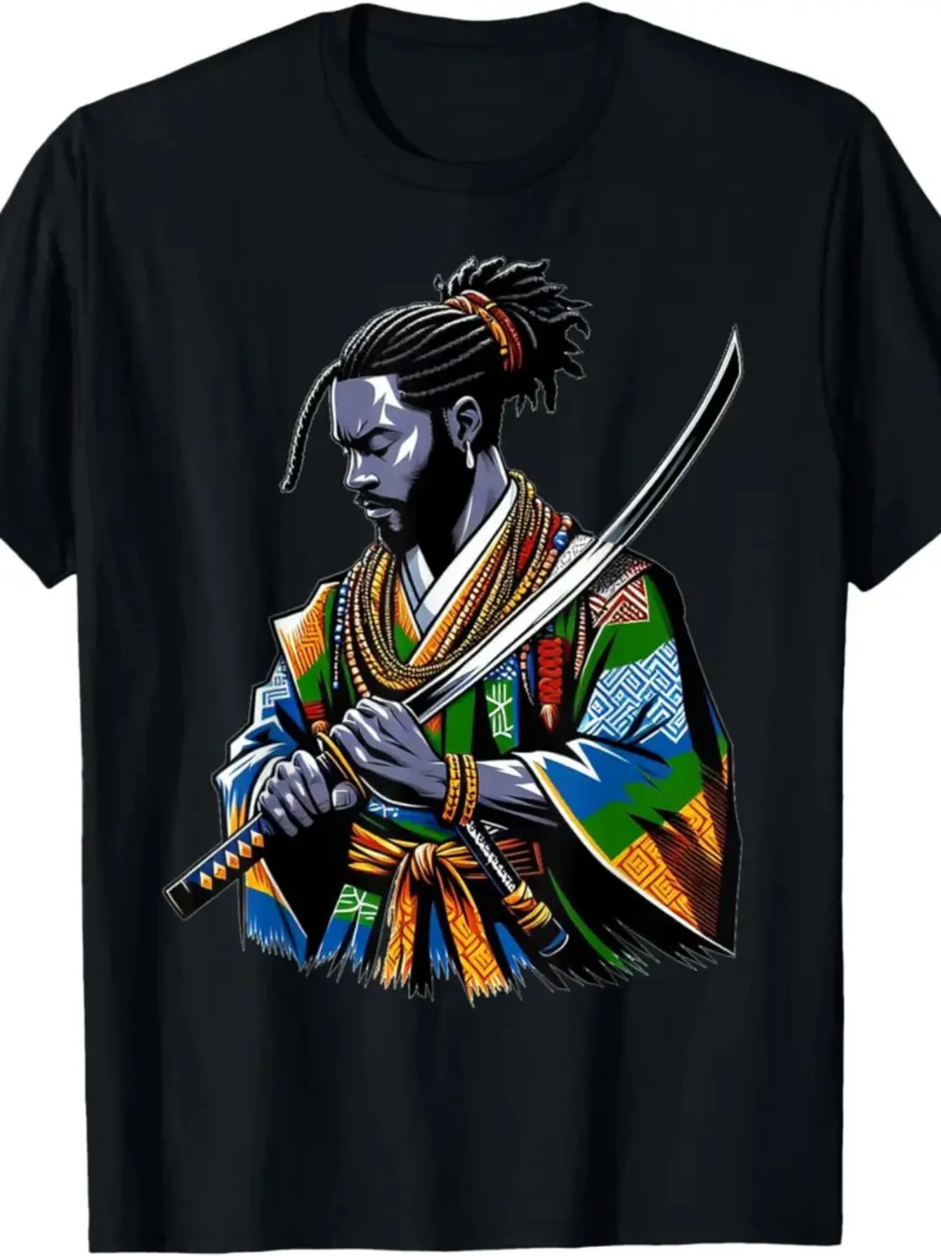 

Stylish EWHAfro American Samurai Anime Print for Men Women Couple Fashion T-Shirt, Street Short Sleeve Cotton T-Shirt