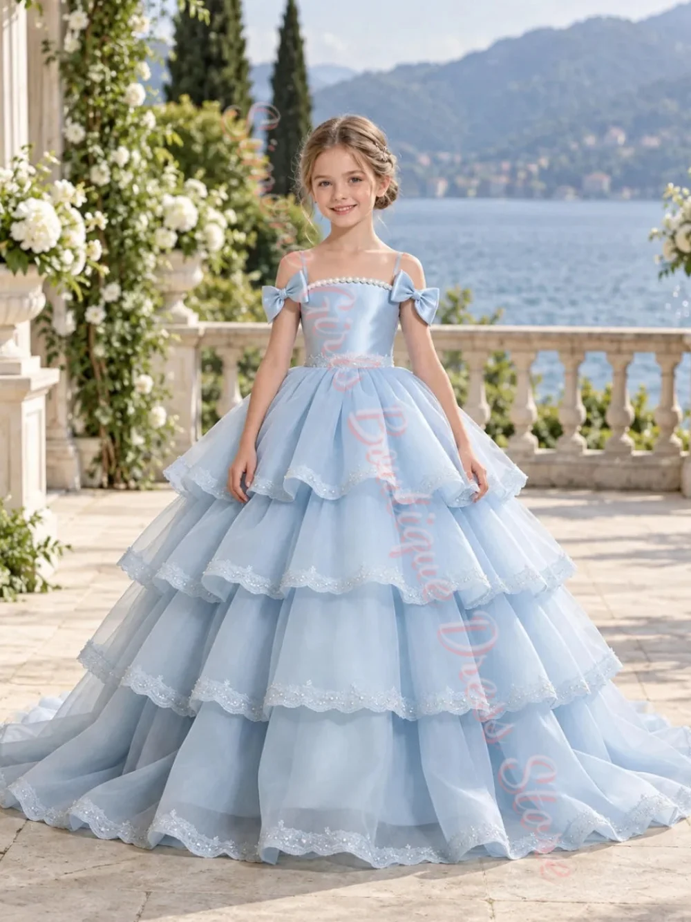 Customized Tulle Floor Length Off Shoulder Lovely Elegant Sky Blue Flower Girl Dress for Wedding Toddler Bridesmaid Prom Gown