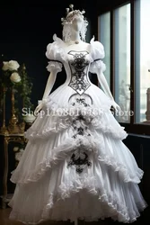 Vintage Black and White Ball Gowns Prom Dress Dreamy Embroidered Lace Ruffle Princess Bubble Sleeve For Renaissance Festival