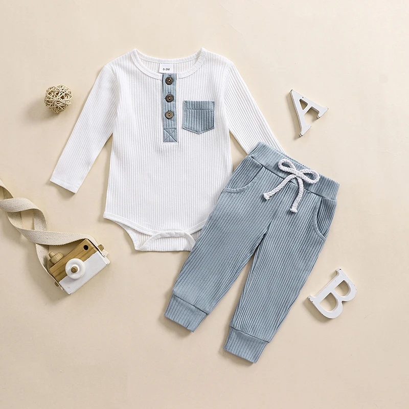 Baby Boys 2PCS Outfit Sets Long Sleeve Crew Neck Button Romper Solid Color Drawstring Pants Sets image 5