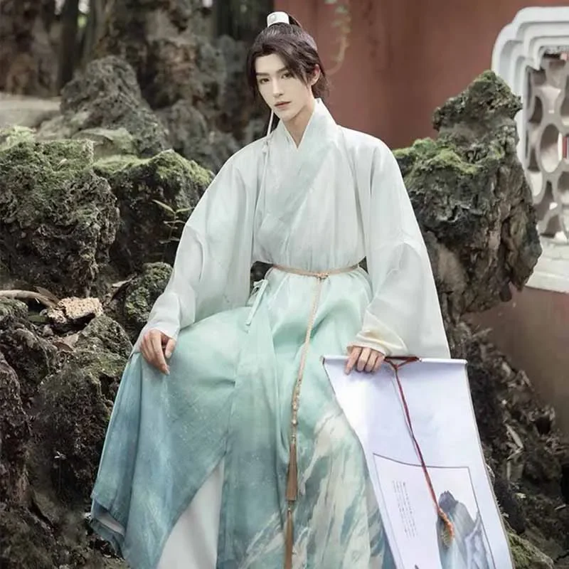 

Роскошное мужское платье Hanfu в китайском винтажном стиле с градиентным зеленым принтом, мужской костюм для косплея, новогодний костюм, наряд для вечеринки