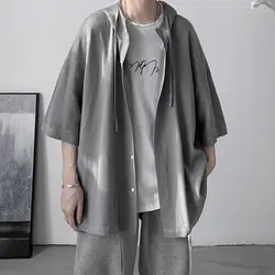 Chemisier à capuche à manches courtes pour hommes, chemise boutonnée, laçage de documents, monochromatique, grande taille, mode décontractée, vêtements d'été, nouveau